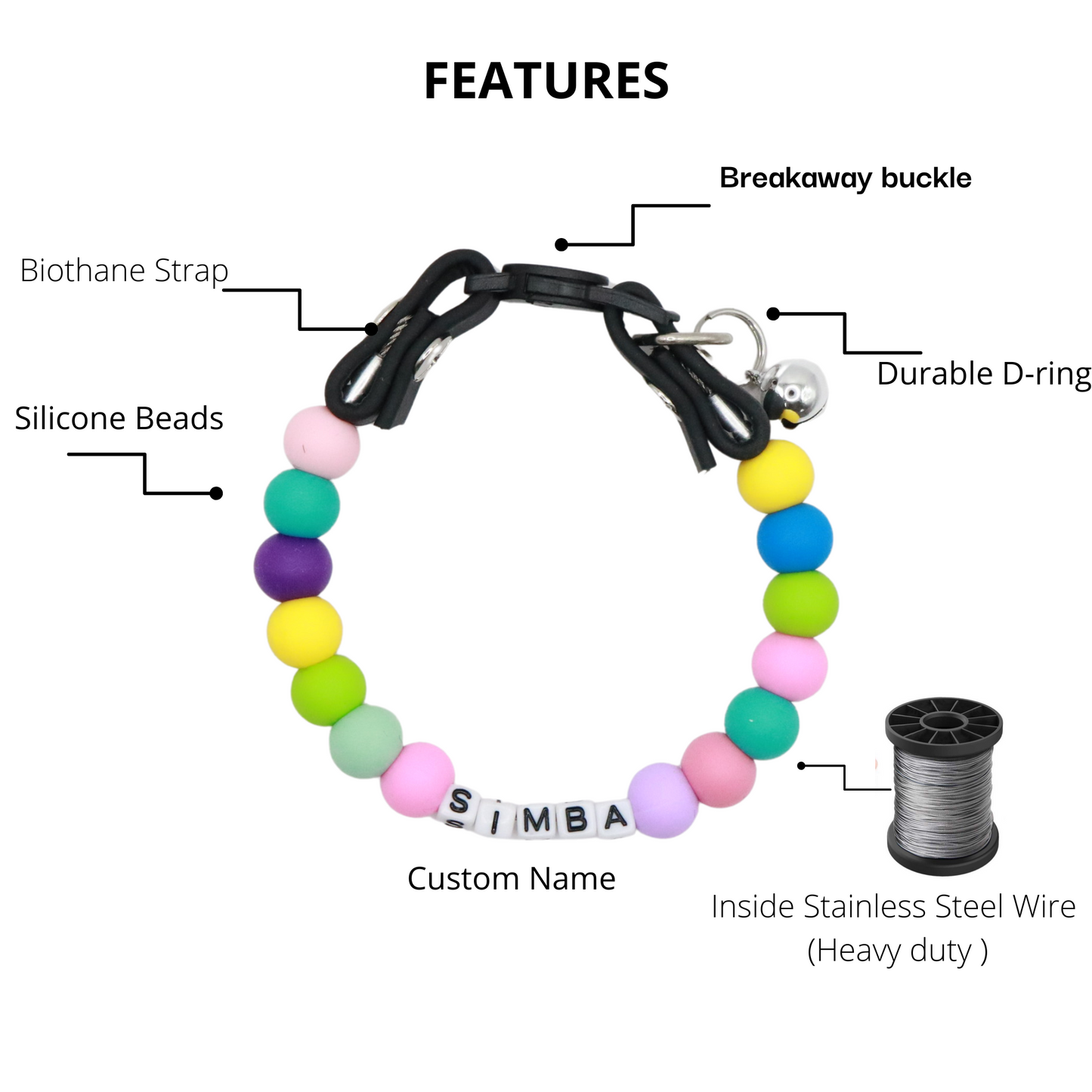 Collar de gato personalizado con nombre y cuentas elegantes
