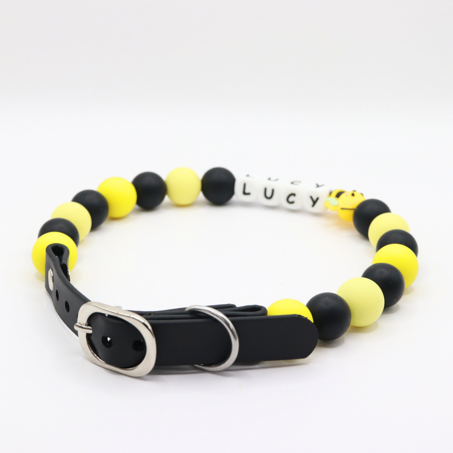 Beaded Name Bee Dog Collar - Adjustable Black Strap