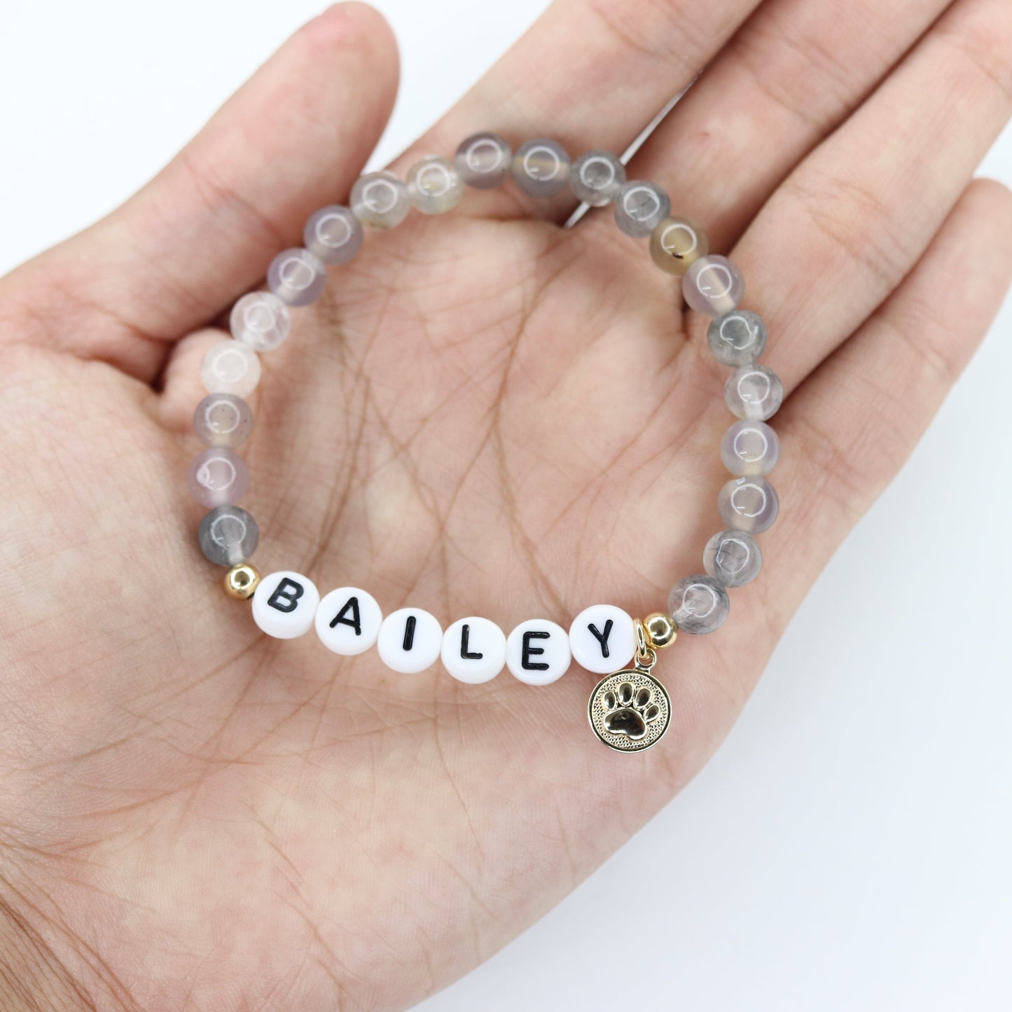 Pulsera personalizada con nombre de perro o gato: huella de pata plateada