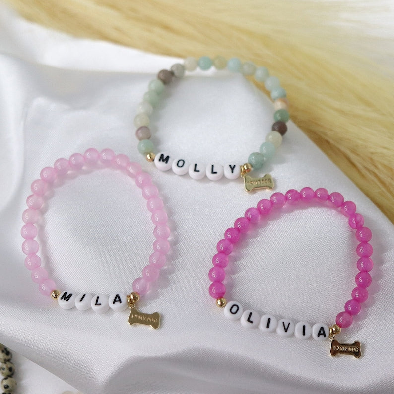 Custom dog name bracelet-Gold hanging bone