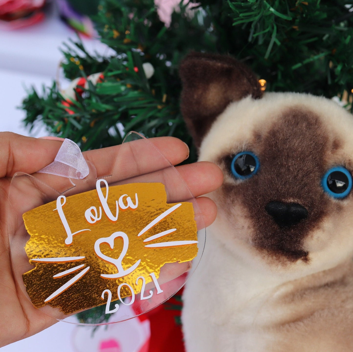 Adorno de gato personalizado, adorno de gato personalizado, adorno de gato con nombre de Navidad, regalo para amantes de los gatos, forma de gato personalizada, decoración navideña divertida