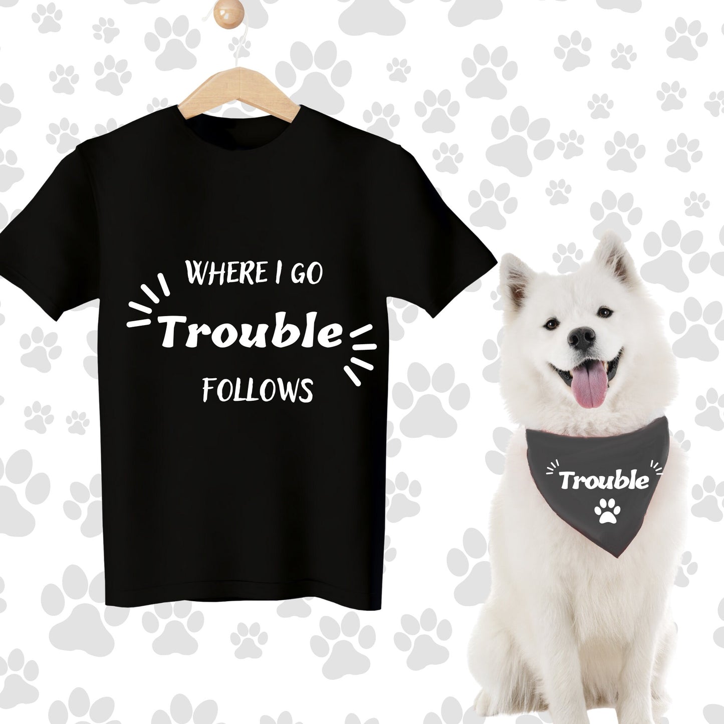 Camisa divertida y bandana para perro a juego para su dueño y su perro - Trouble