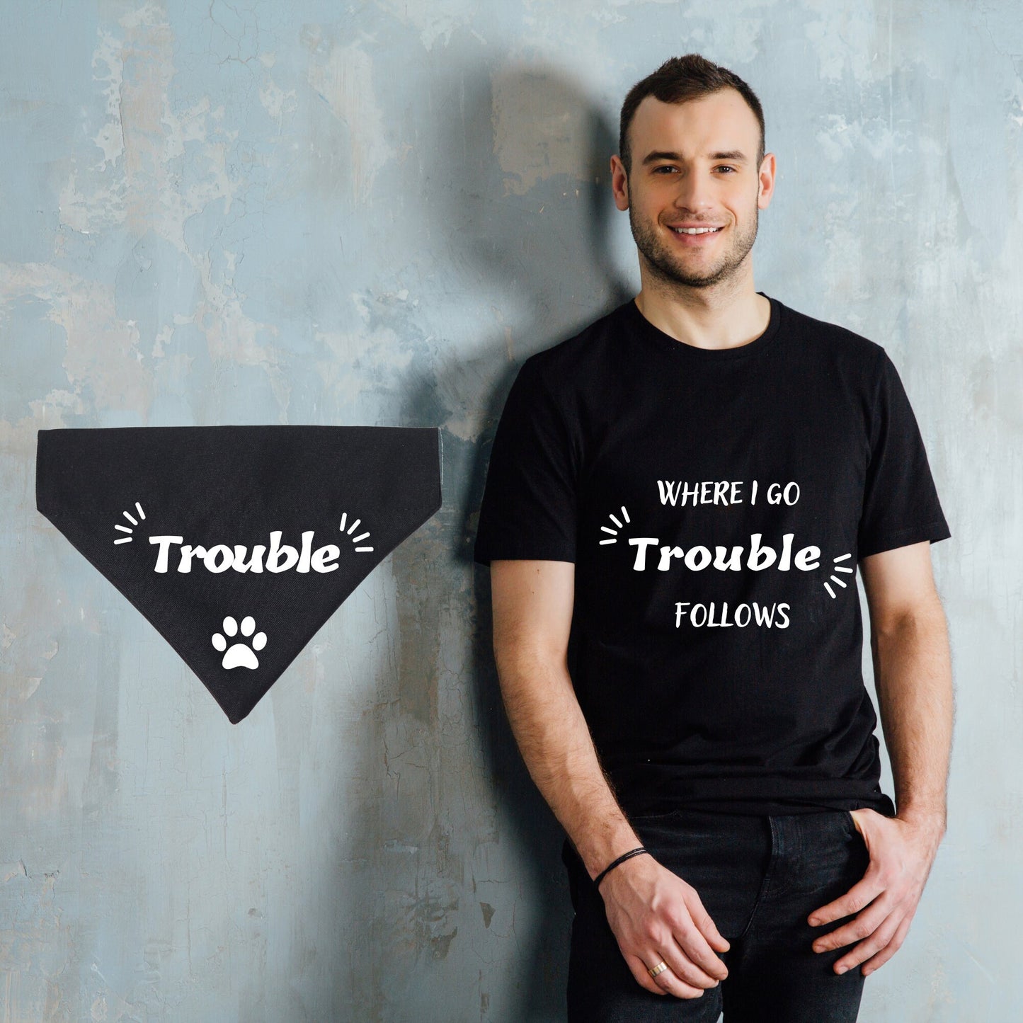 Camisa divertida y bandana para perro a juego para su dueño y su perro - Trouble
