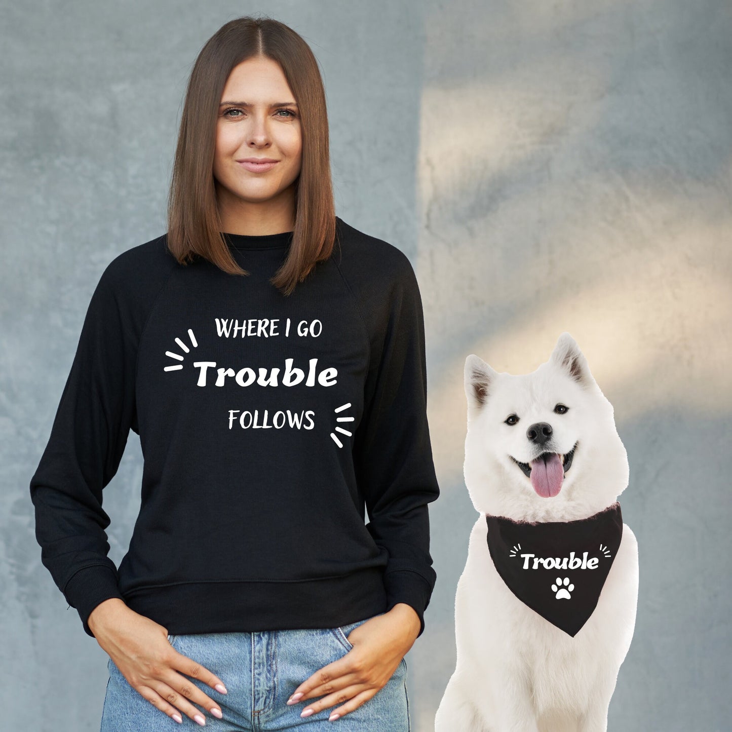 Suéter divertido y pañuelo para perro a juego para su dueño y su perro - Trouble