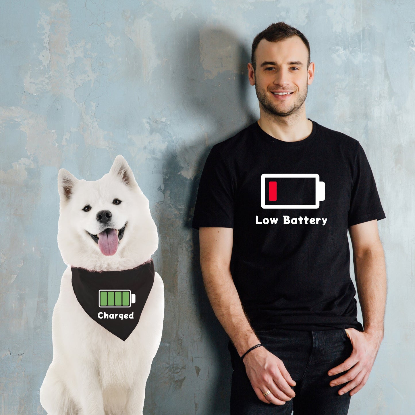 Dog And Owner Matching Funny Shirt And Dog Bandana- Low Battery