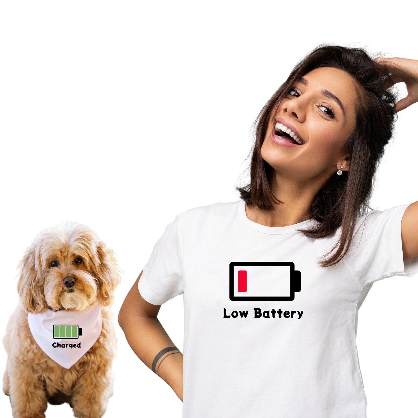 Dog And Owner Matching Funny Shirt And Dog Bandana- Low Battery