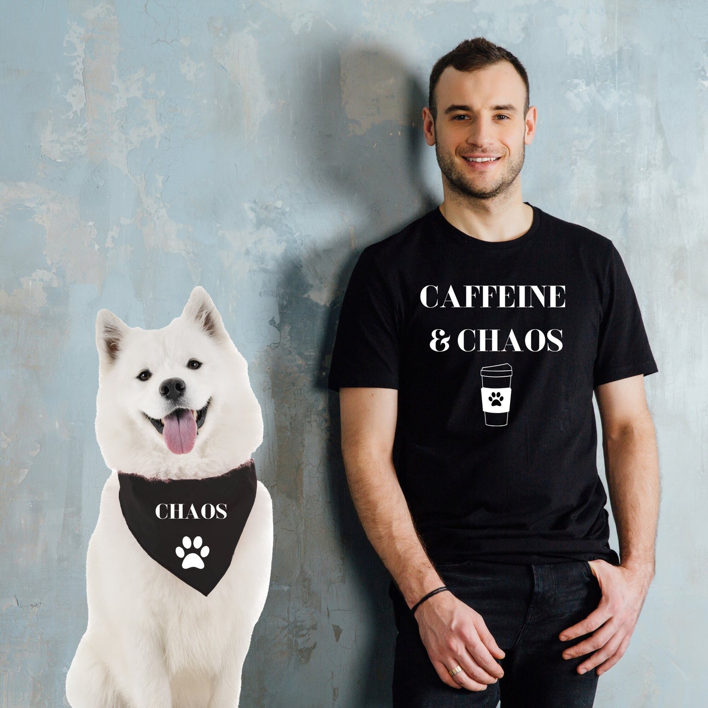 Camisa divertida y bandana para perro a juego con su perro y su dueño - Caffeine & Chaos