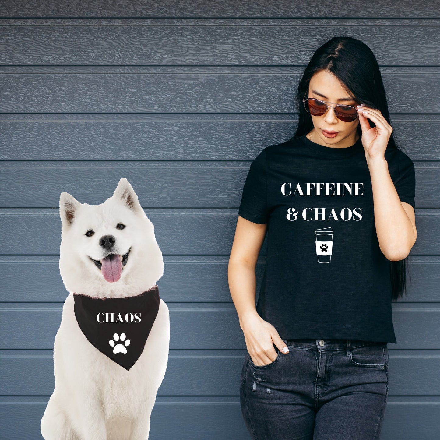 Camisa divertida y bandana para perro a juego con su perro y su dueño - Caffeine & Chaos