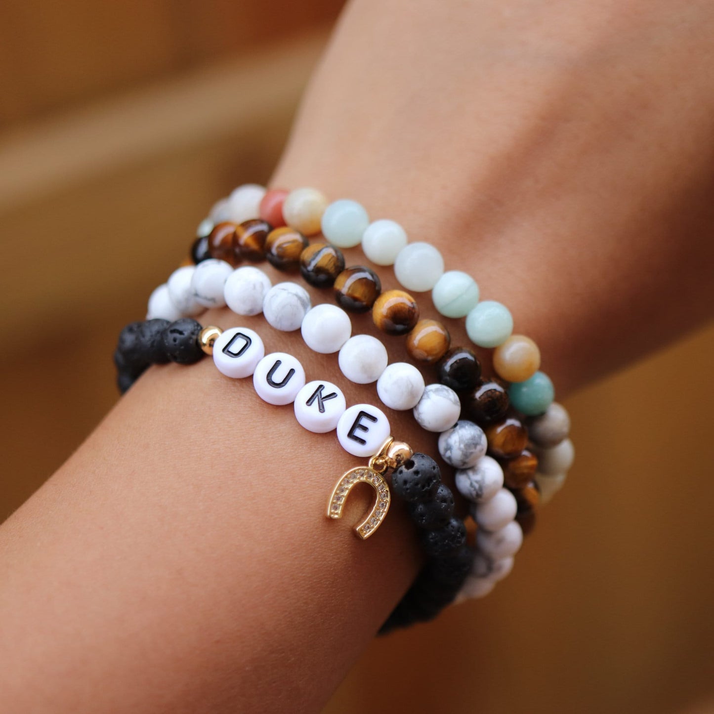 Custom Horse Name Stone Bracelet-Gold Horseshoe