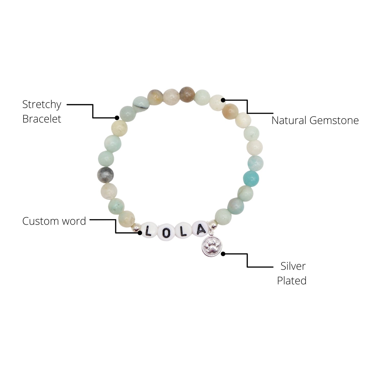 Pulsera personalizada con nombre de perro o gato: huella de pata plateada