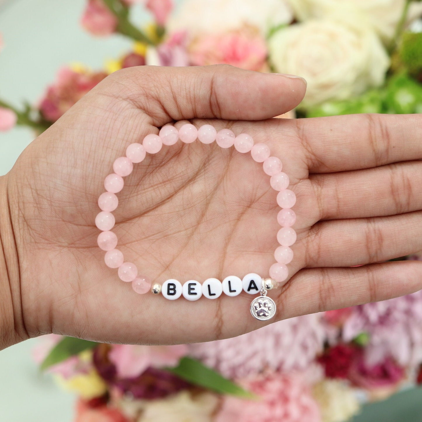 Pulsera personalizada con nombre de perro o gato: huella de pata plateada