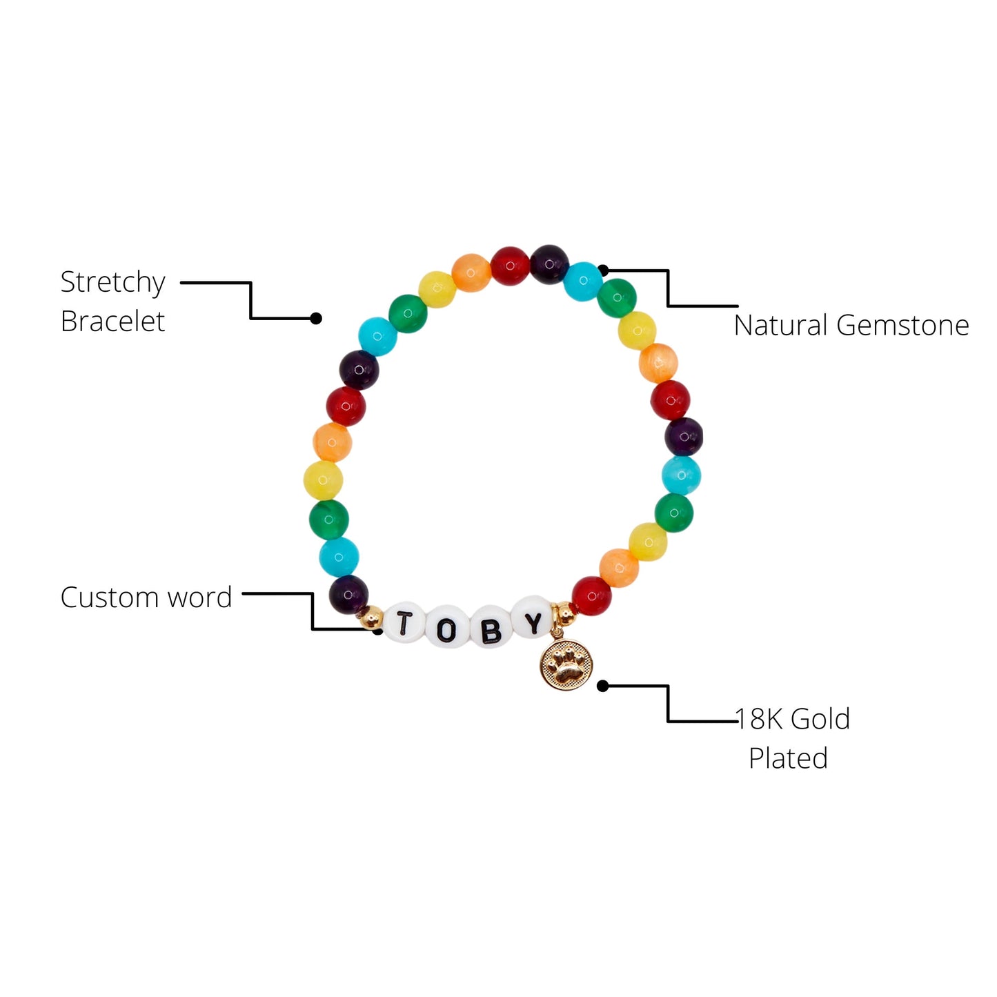 Pulsera con nombre de mascota en forma de arcoíris (dije: hueso o pata)