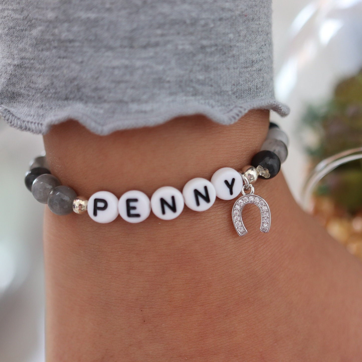 Custom horse name stone bracelet- Silver Horseshoe