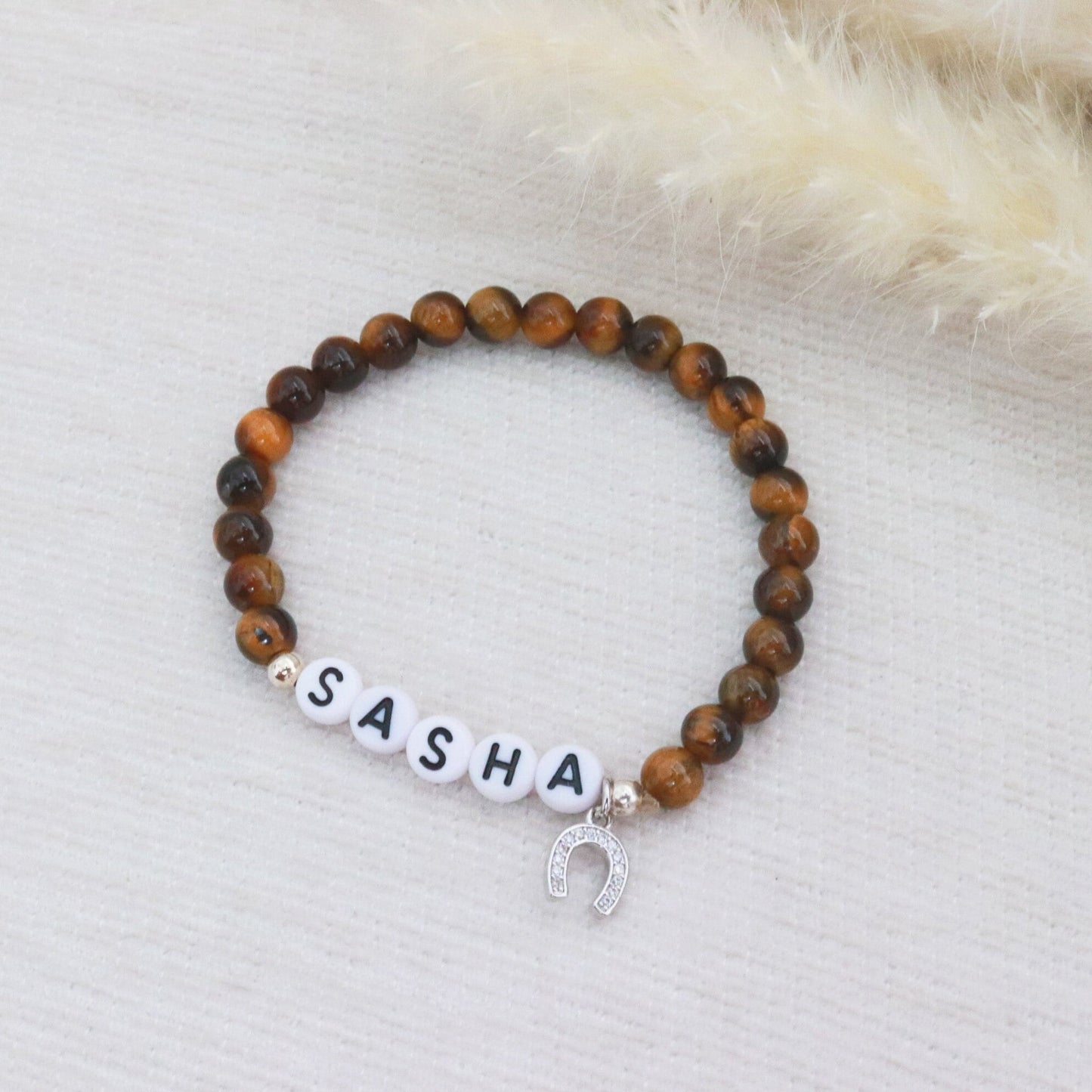 Custom horse name stone bracelet- Silver Horseshoe