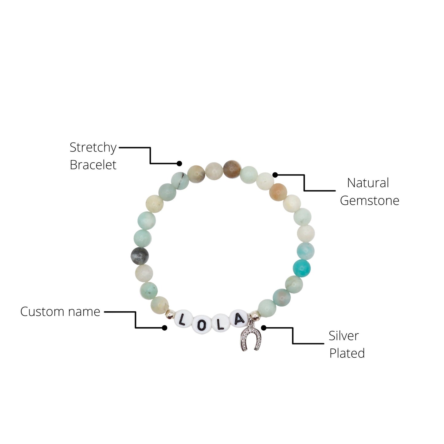 Custom horse name stone bracelet- Silver Horseshoe