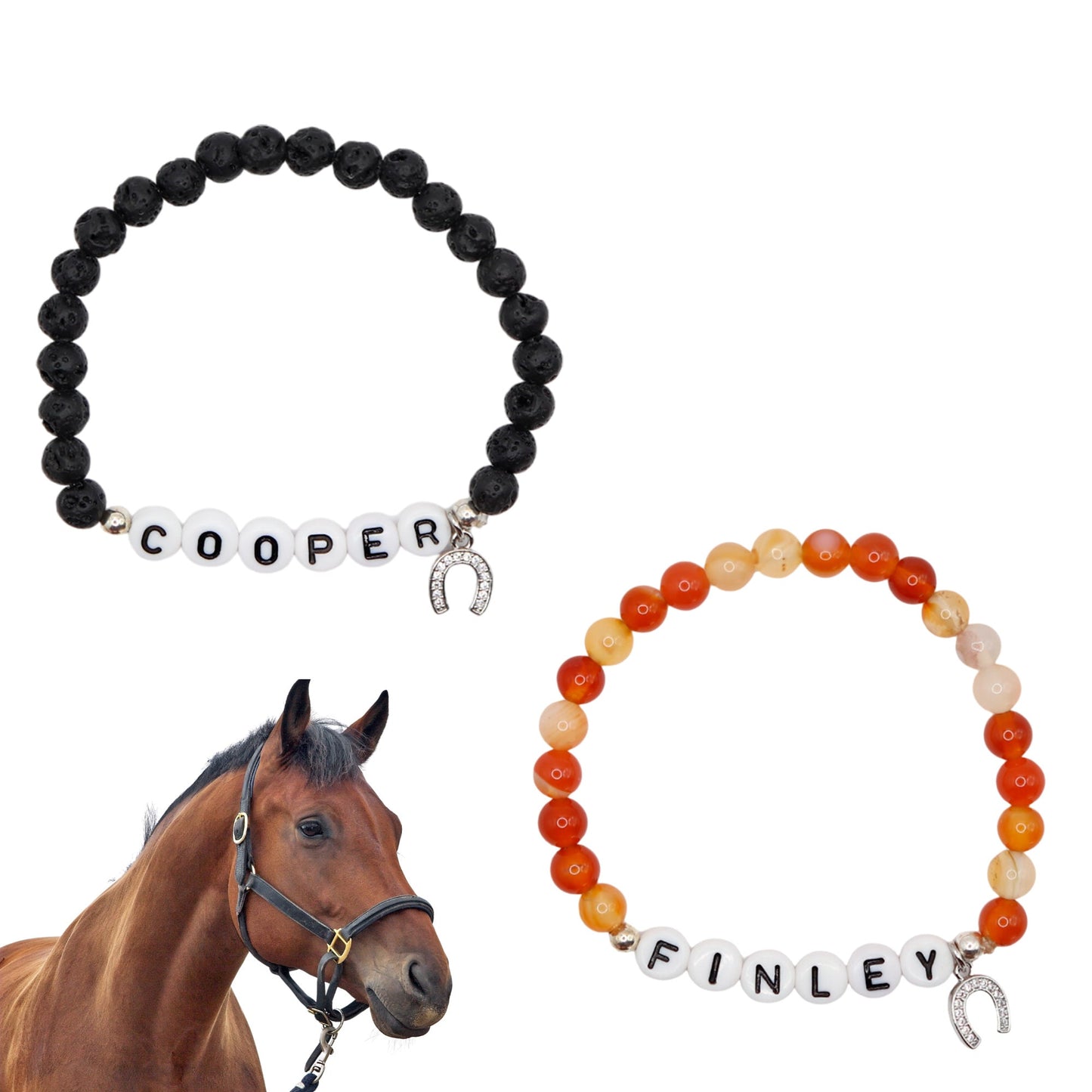 Custom horse name stone bracelet- Silver Horseshoe
