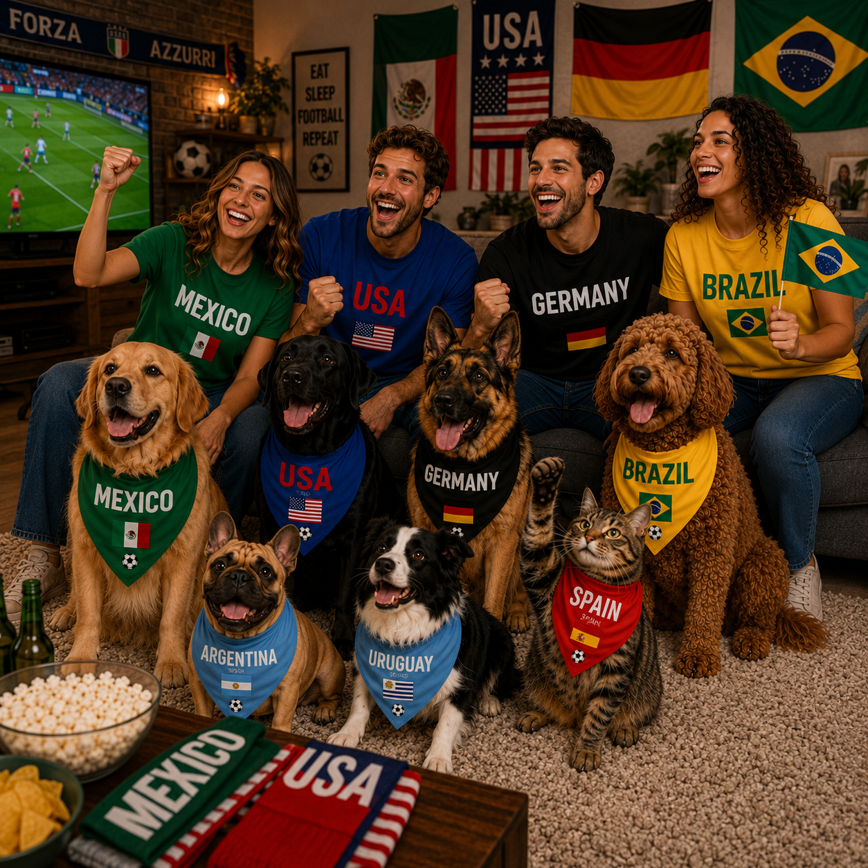 Matching dog & owner soccer shirts and bandana with country flag