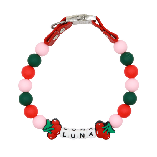 Beaded Name Cherry Dog Collar - Quick Release Red Strap