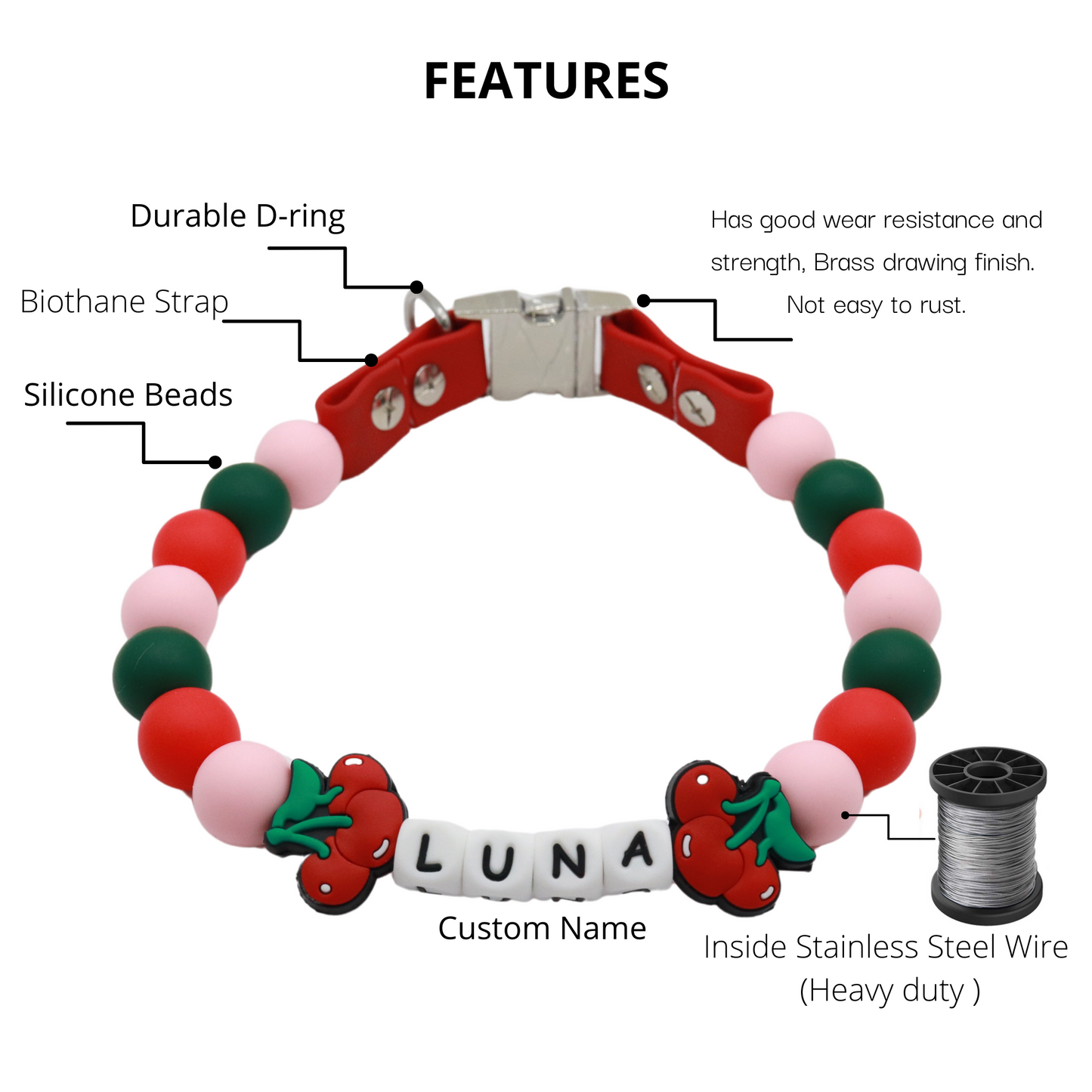 Beaded Name Cherry Dog Collar - Quick Release Red Strap