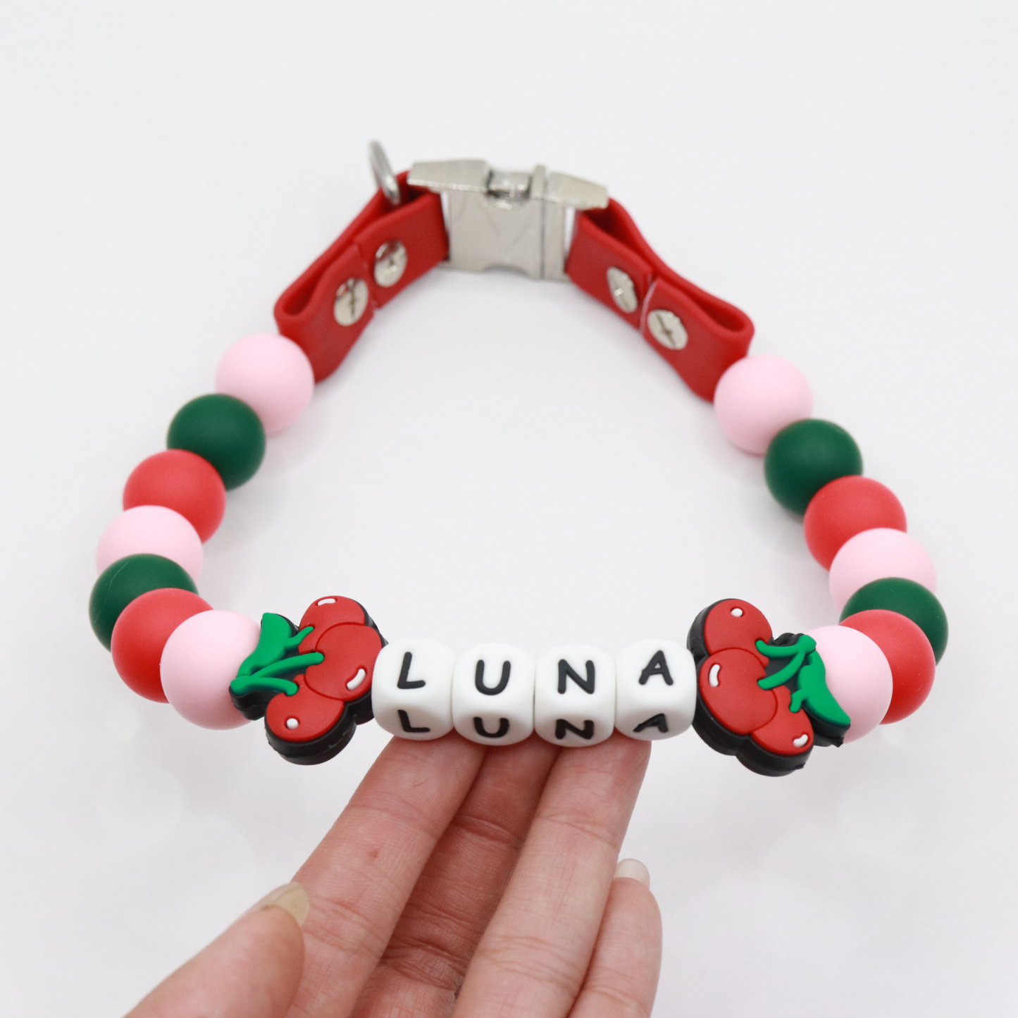Beaded Name Cherry Dog Collar - Quick Release Red Strap