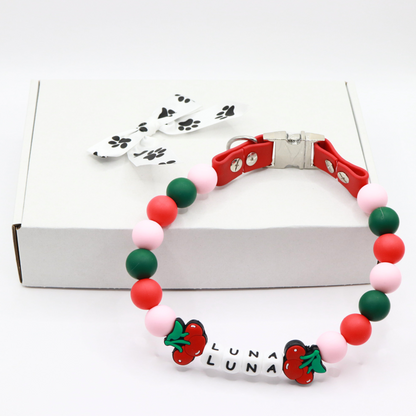 Beaded Name Cherry Dog Collar - Quick Release Red Strap