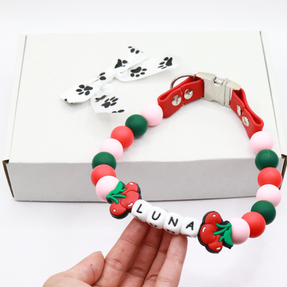 Beaded Name Cherry Dog Collar - Quick Release Red Strap