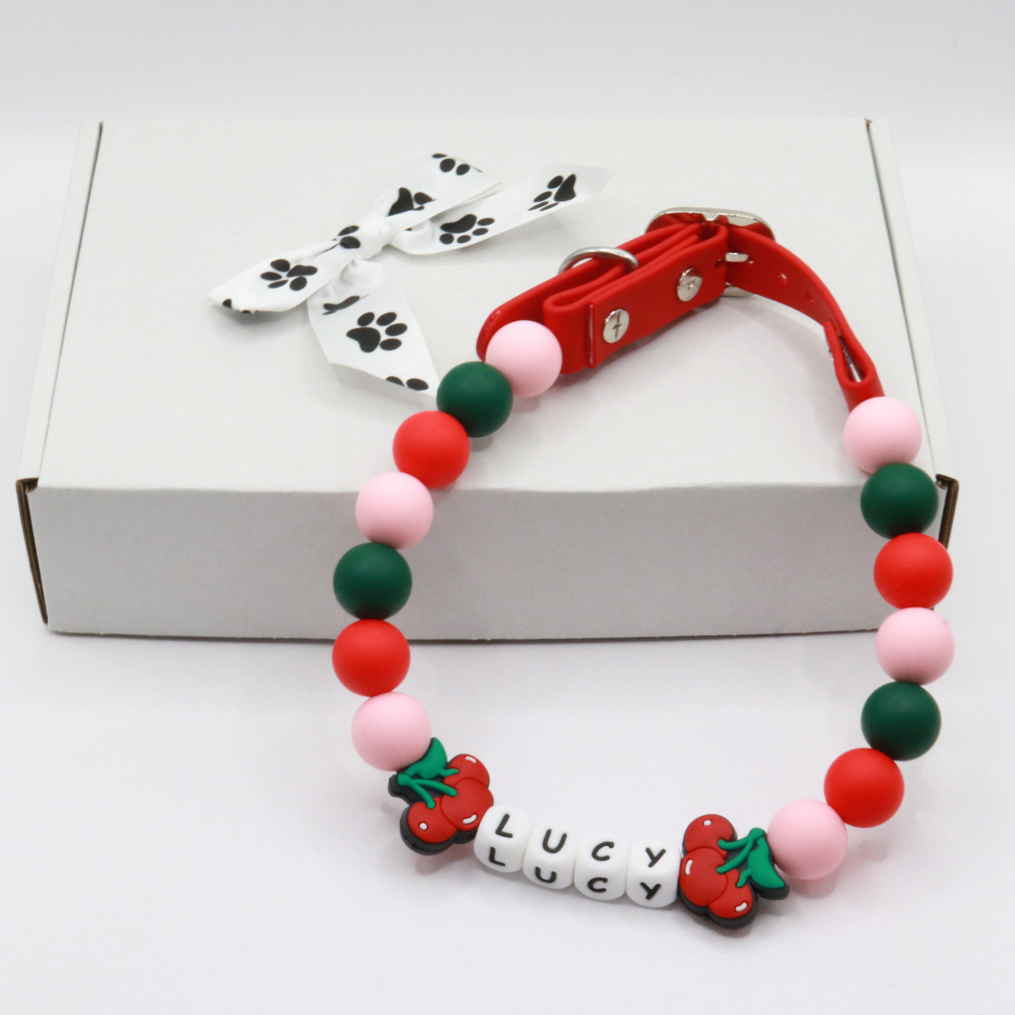 Beaded Name Cherry Dog Collar - Adjustable Red Strap
