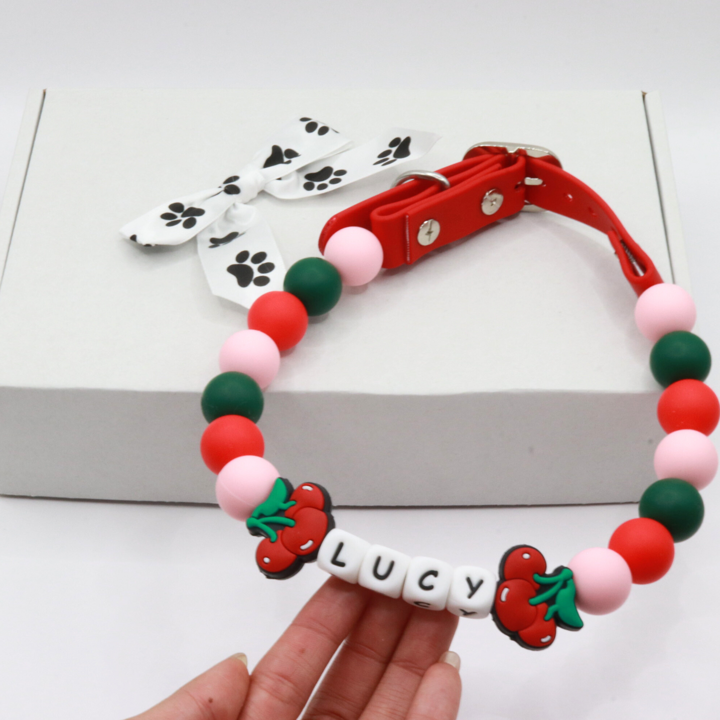 Beaded Name Cherry Dog Collar - Adjustable Red Strap