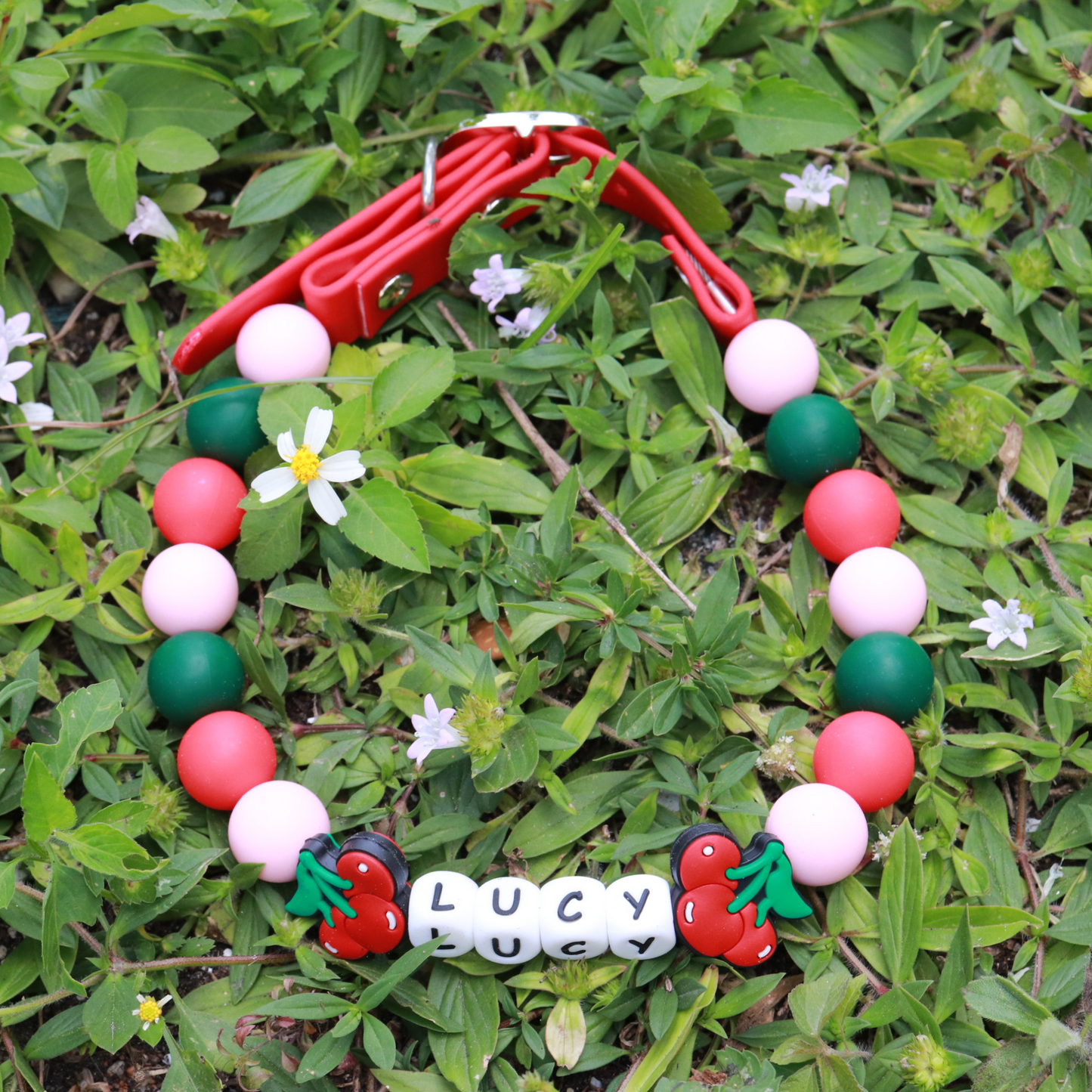 Beaded Name Cherry Dog Collar - Adjustable Red Strap