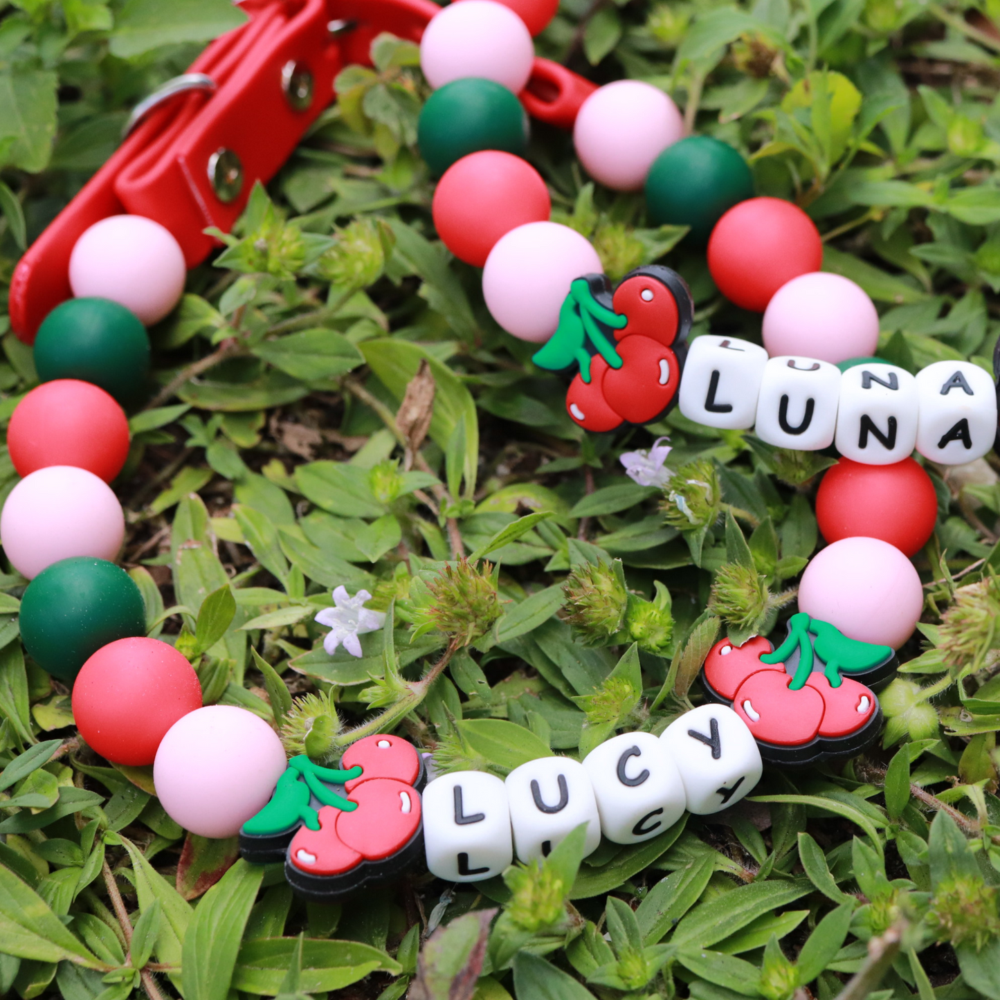 Beaded Name Cherry Dog Collar - Adjustable Red Strap