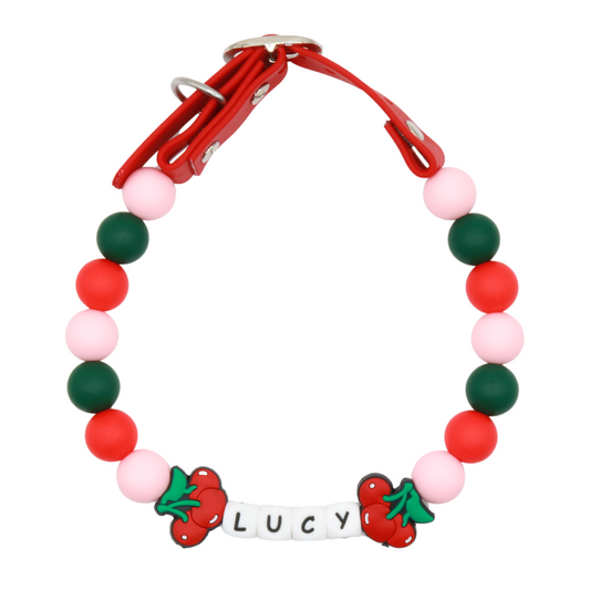 Beaded Name Cherry Dog Collar - Adjustable Red Strap