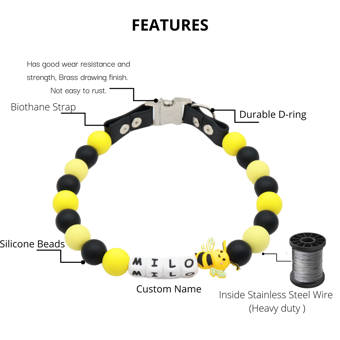 Beaded Name Bee Dog Collar - Quick Release Black Strap