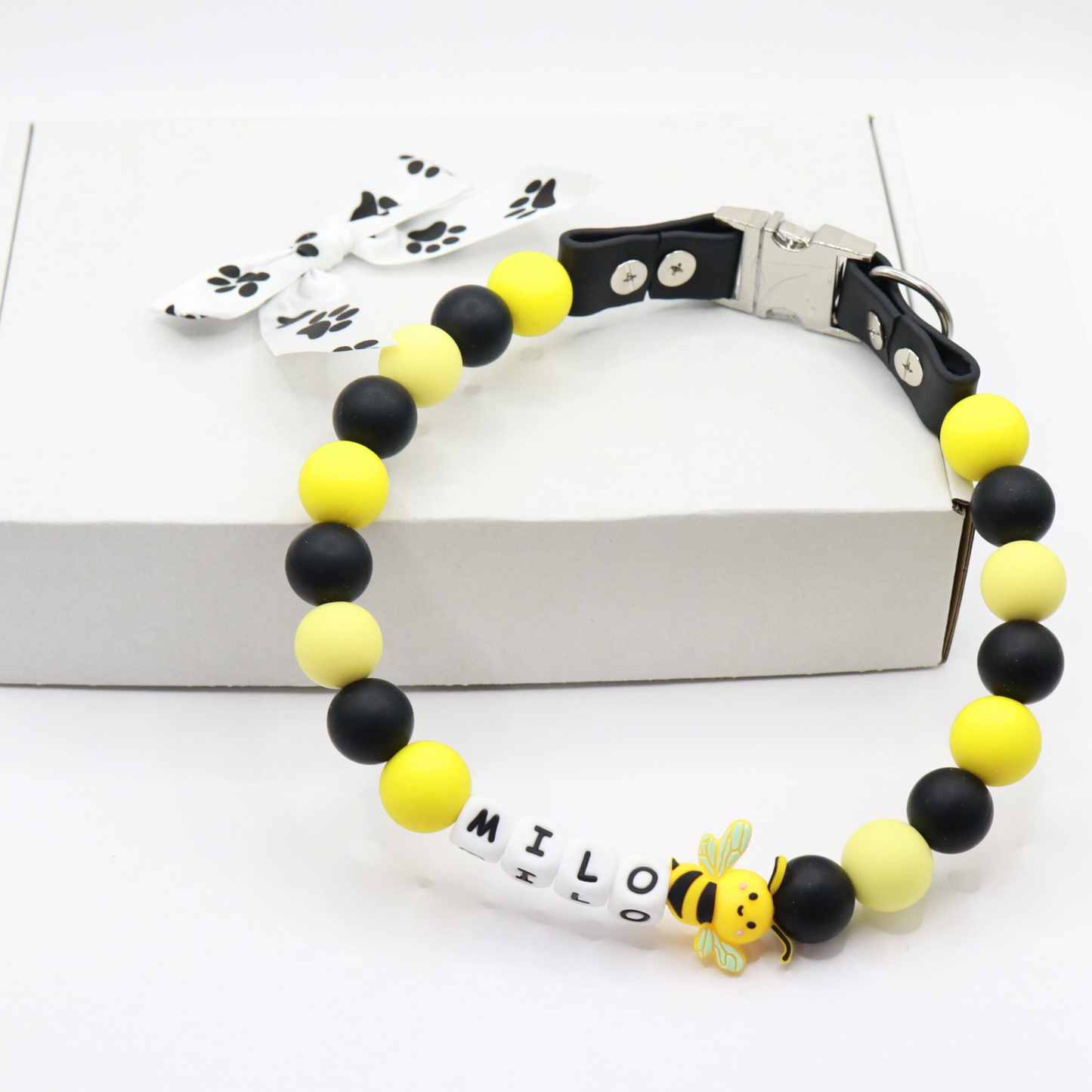 Beaded Name Bee Dog Collar - Quick Release Black Strap