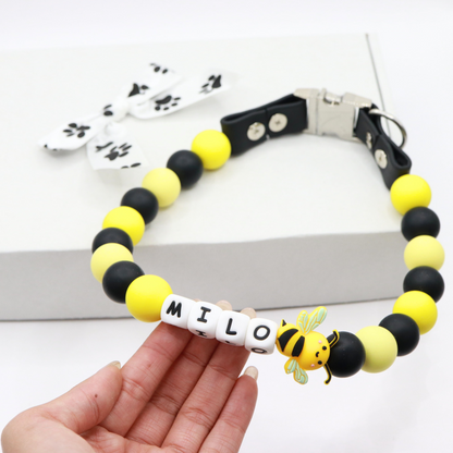 Beaded Name Bee Dog Collar - Quick Release Black Strap
