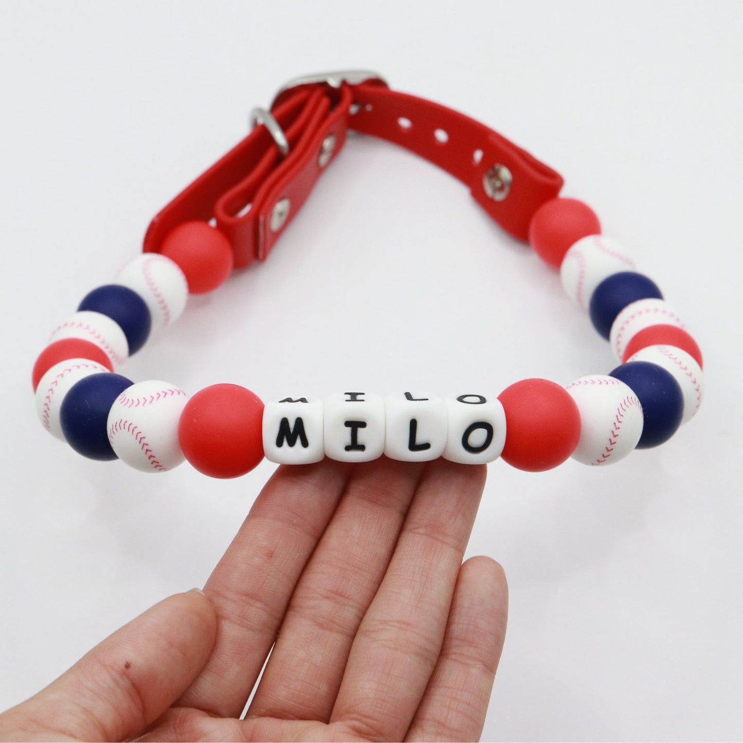 Baseball Beaded Name Dog Collar- Adjustable