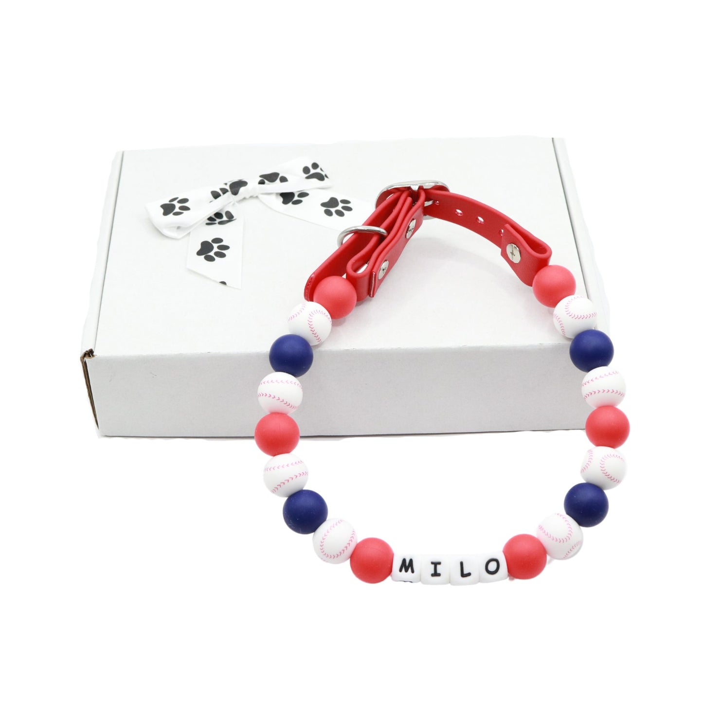 Baseball Beaded Name Dog Collar- Adjustable