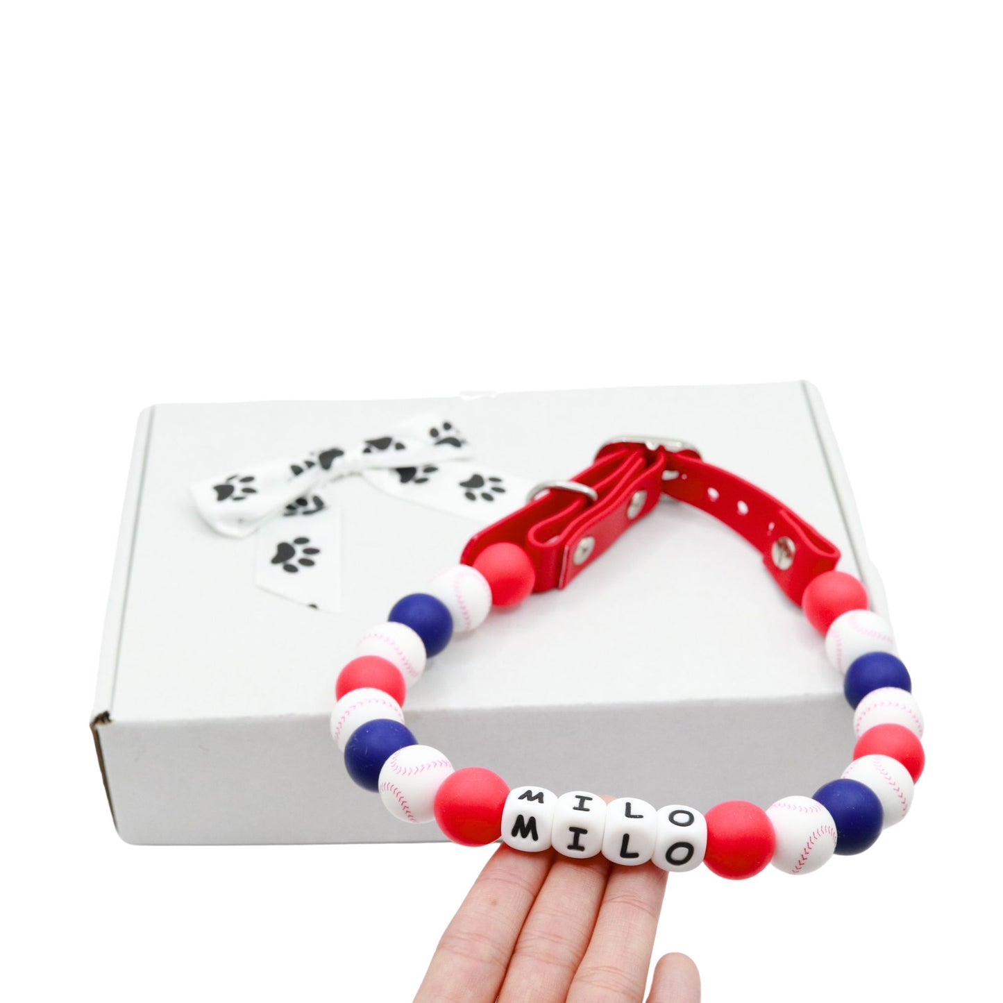 Baseball Beaded Name Dog Collar- Adjustable