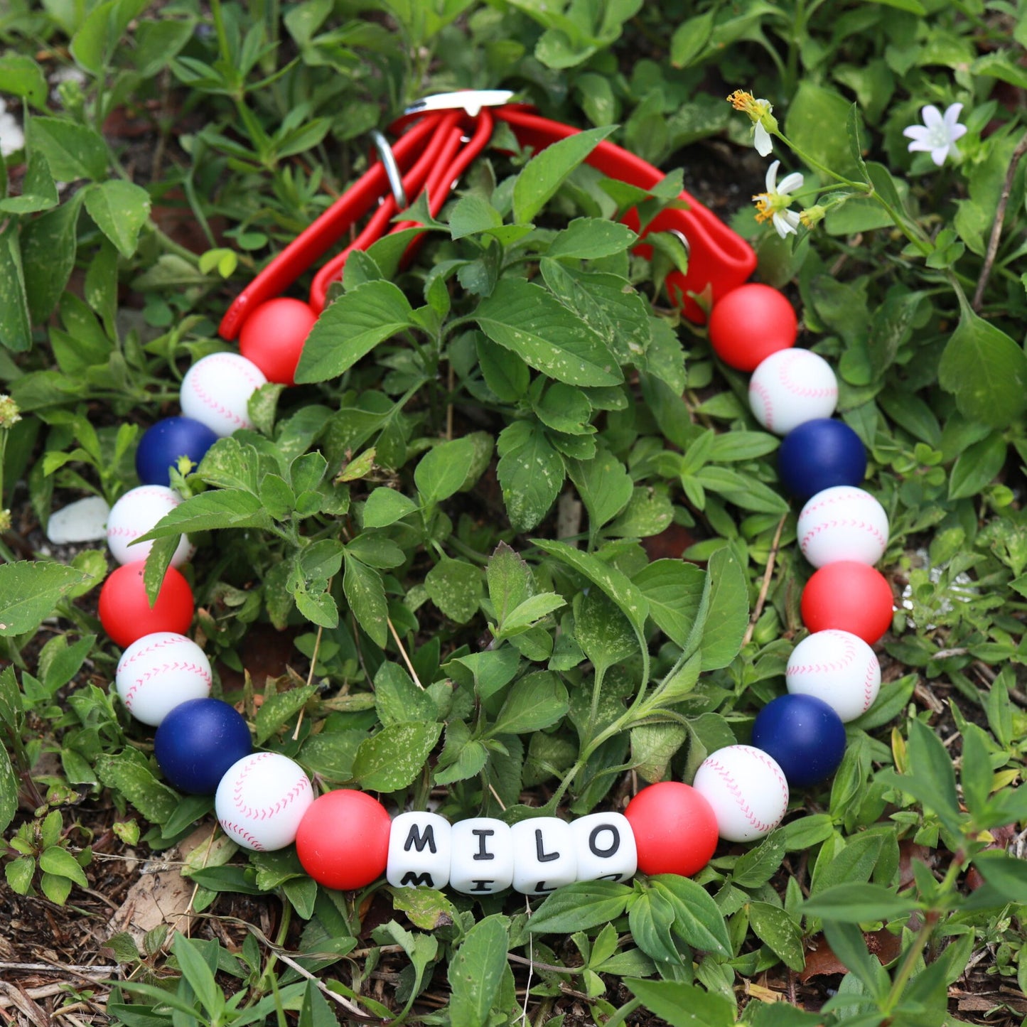 Baseball Beaded Name Dog Collar- Adjustable