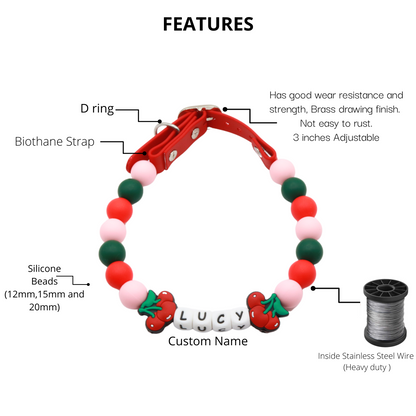 Beaded Name Cherry Dog Collar - Adjustable Red Strap