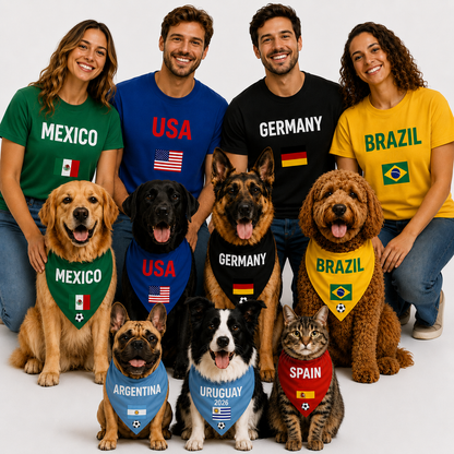 Matching dog & owner soccer shirts and bandana with country flag