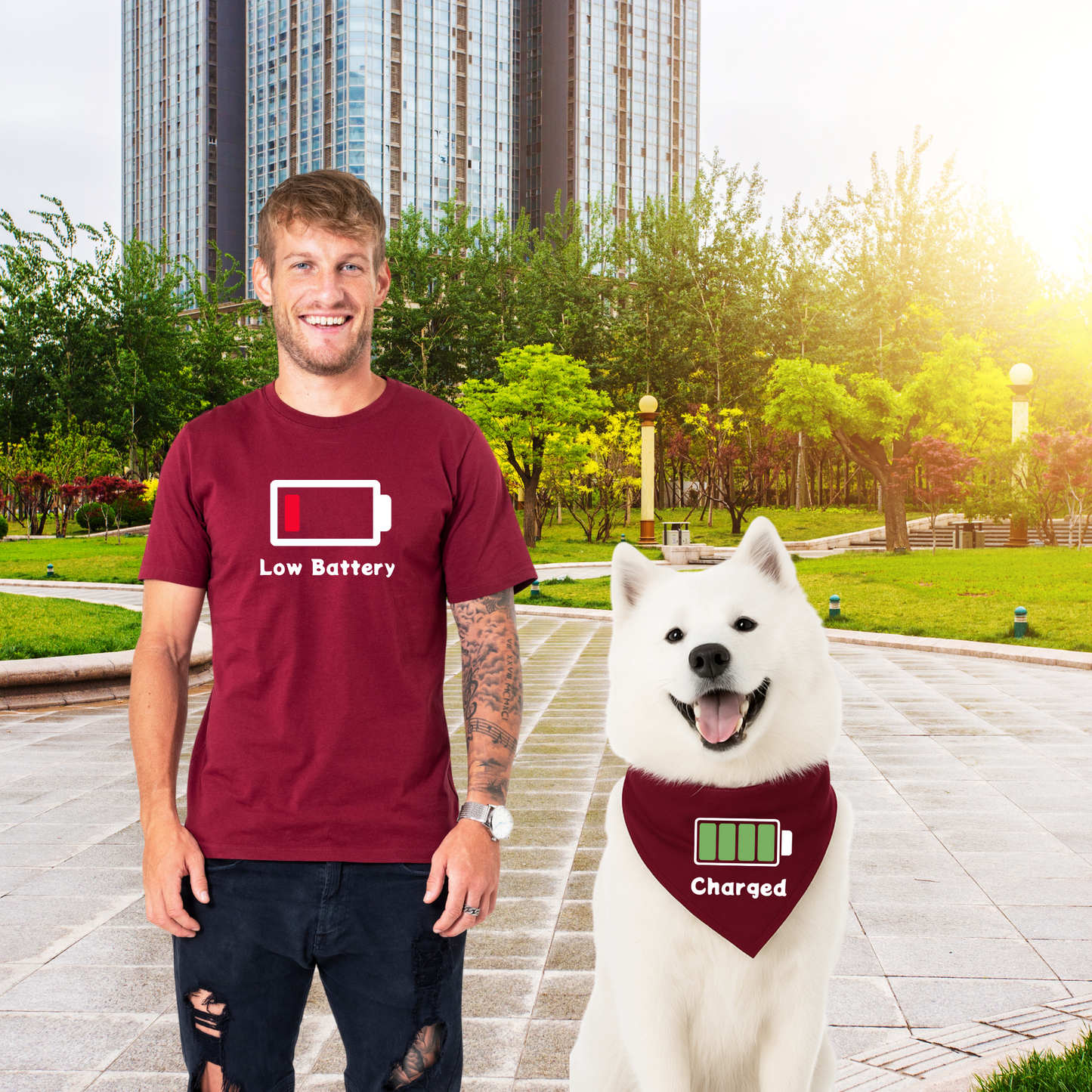 Dog And Owner Matching Funny Shirt And Dog Bandana- Low Battery