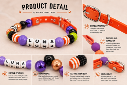 ¡Diseña tu propio collar AJUSTABLE para perros o gatos! Nombre, cuentas y correa personalizados