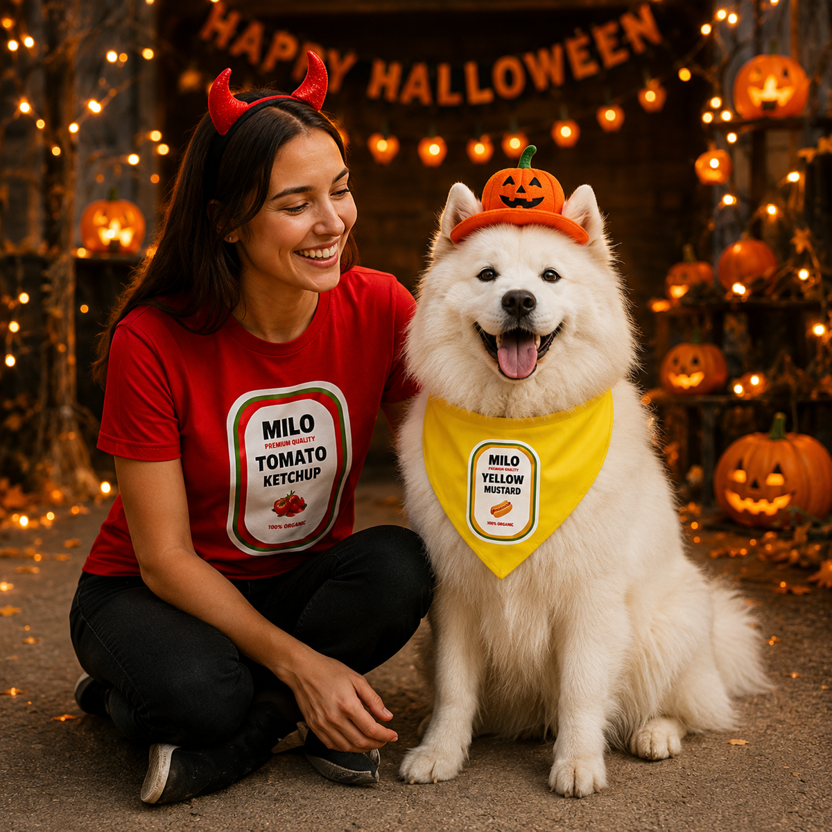 Dog And Owner Matching Halloween Costumes- Ketchup And Mustard