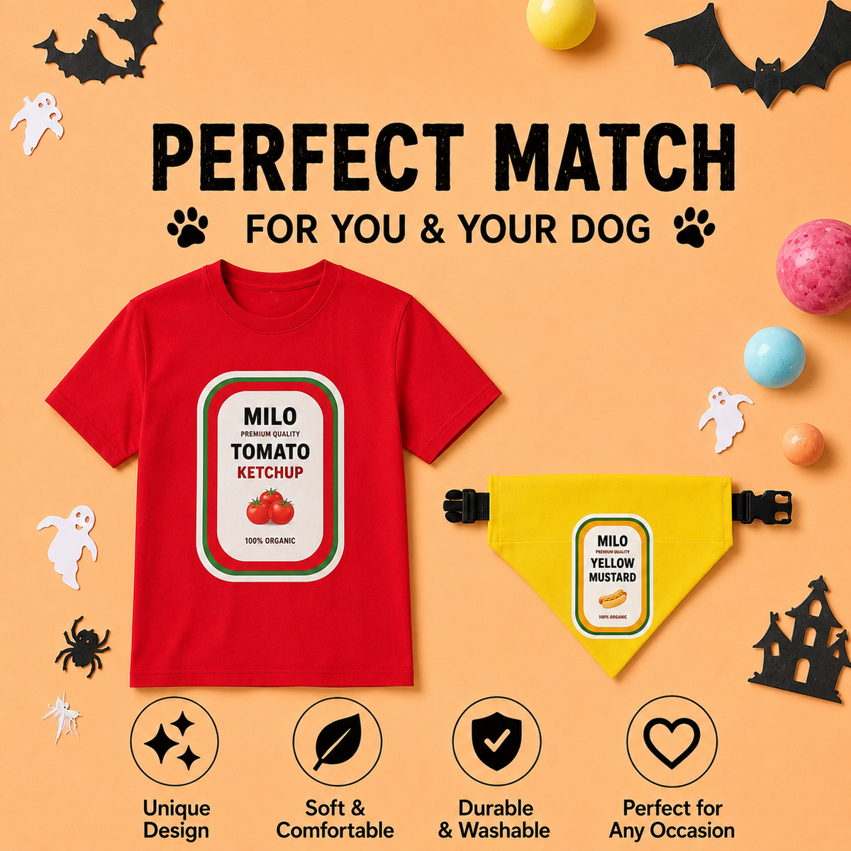 Dog And Owner Matching Halloween Costumes- Ketchup And Mustard