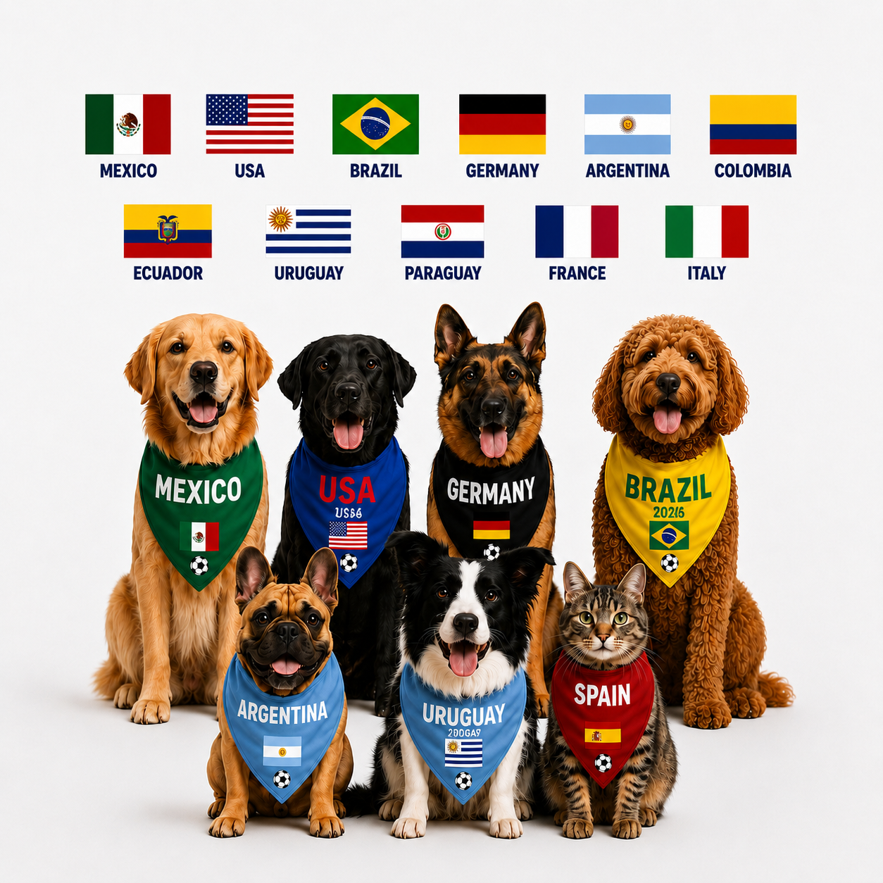 Dog & cat soccer bandana with country flag