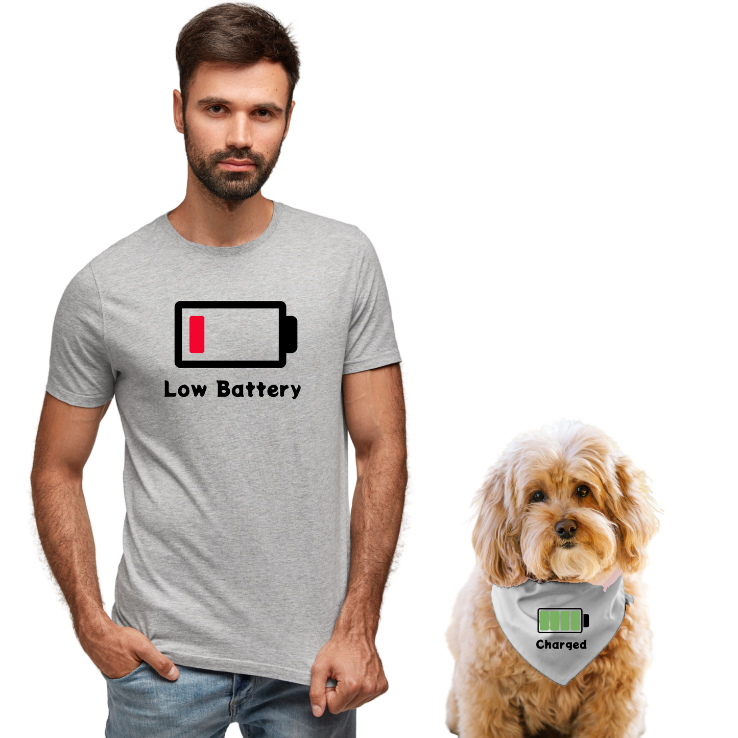 Dog And Owner Matching Funny Shirt And Dog Bandana- Low Battery