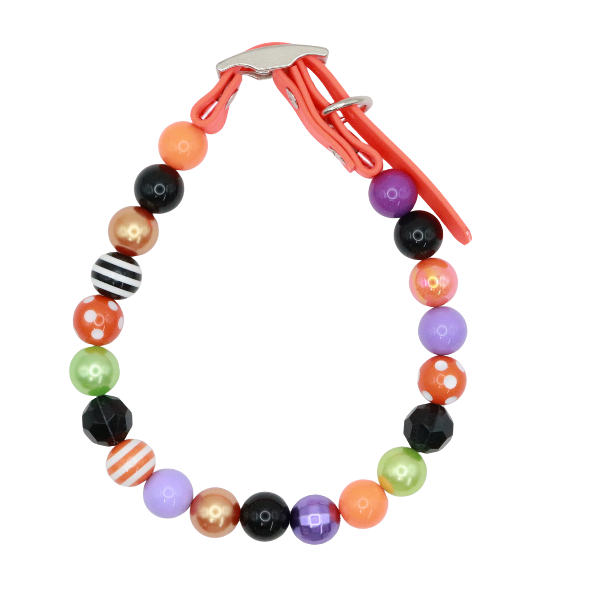 AnitasStitches adjustable Halloween dog collar featuring colorful patterned beads and a durable orange waterproof strap.