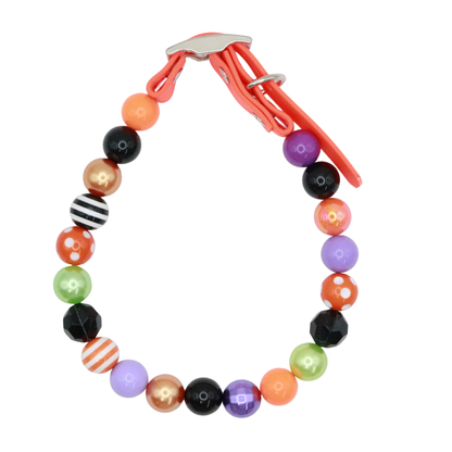 AnitasStitches adjustable Halloween dog collar featuring colorful patterned beads and a durable orange waterproof strap.