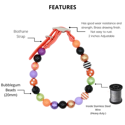 AnitasStitches adjustable Halloween dog collar with colorful bubblegum beads, Biothane strap, and brass hardware.
