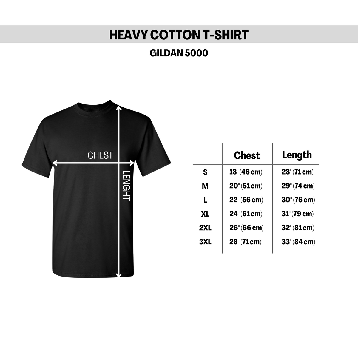 AnitasStitches black heavy cotton t-shirt size chart showing chest and length measurements for sizes S to 3XL.
